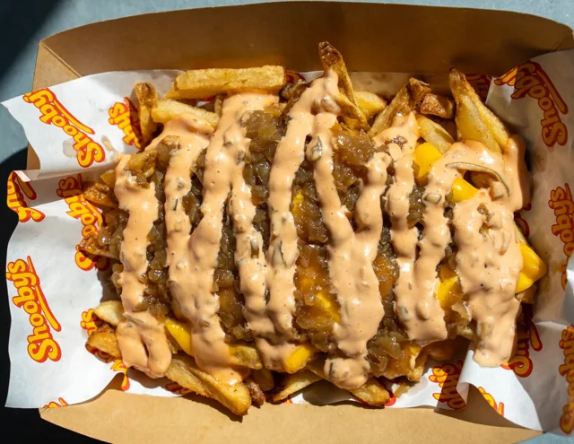 A tray of loaded fries photographed from above